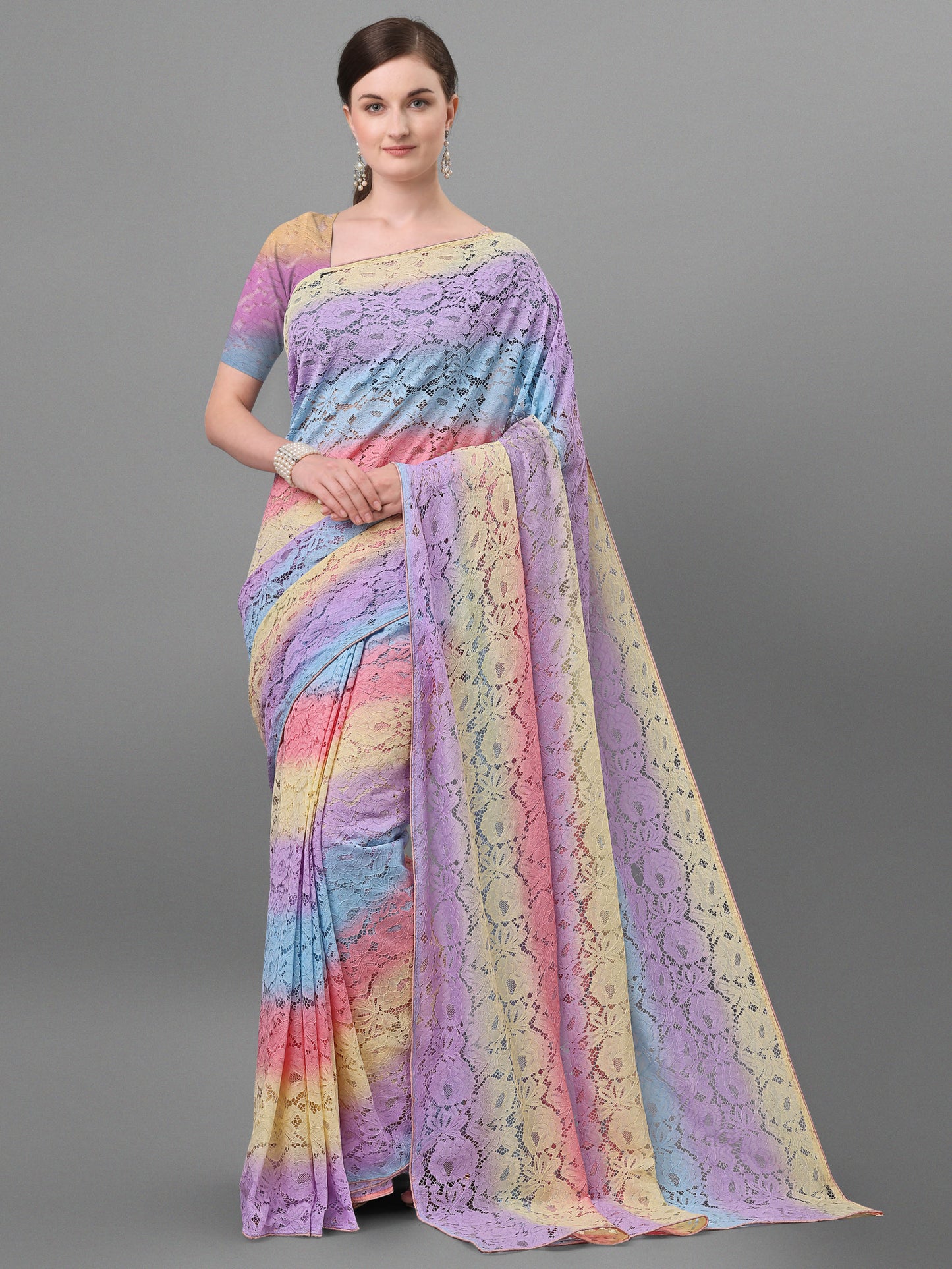 Spreay Printed Lace verkkokangas Saree