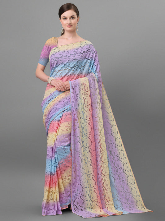 Bedruckter Saree aus Netzstoff mit Spitze