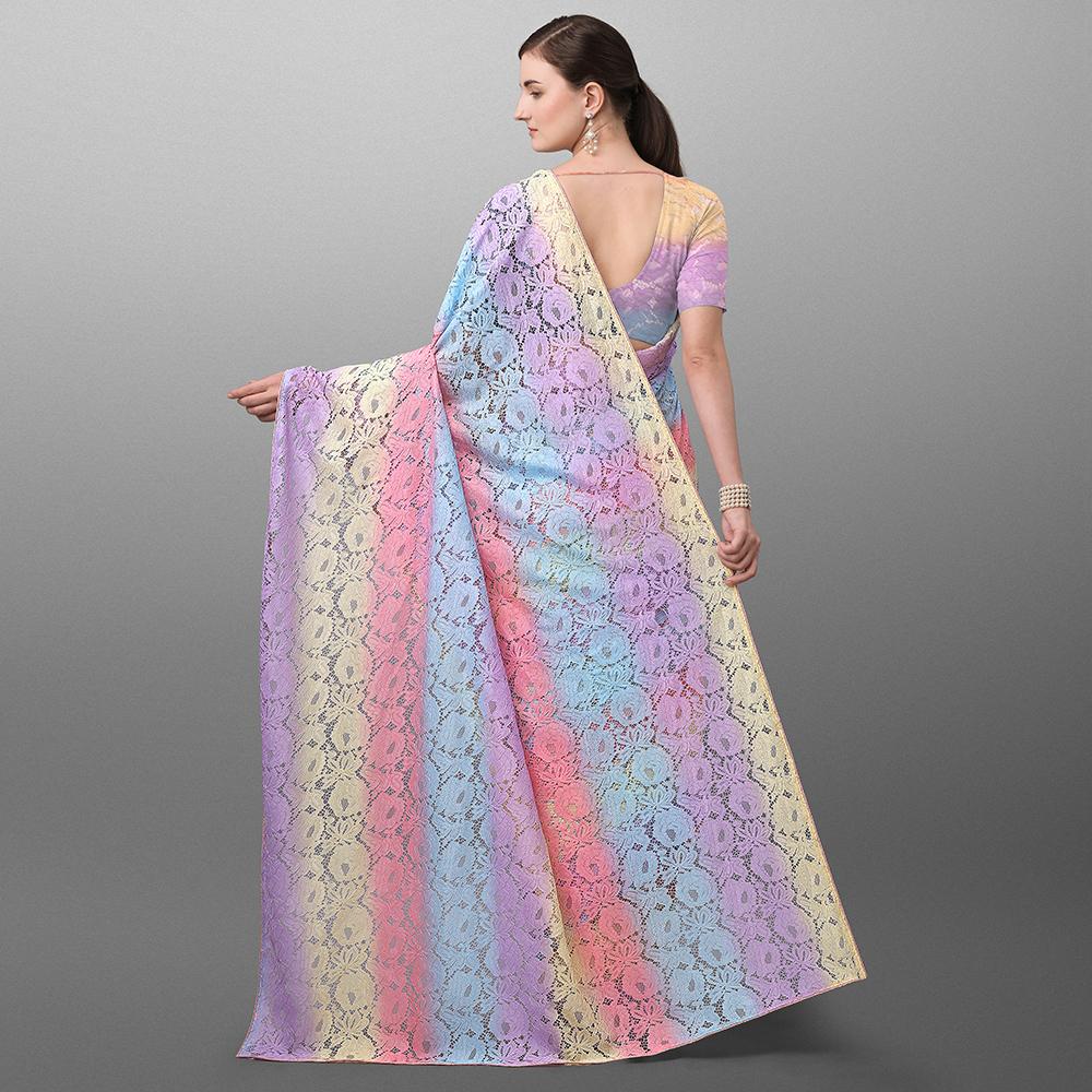 Bedruckter Saree aus Netzstoff mit Spitze